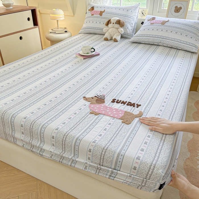 91家纺网 家纺一手货源 找家纺 卡姿家纺 2025秋冬ins小清新印花 — 床笠三件套 小狗琪琪