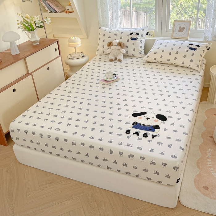 91家纺网 家纺一手货源 找家纺 卡姿家纺 2025秋冬ins小清新印花 — 床笠三件套 小狗雪纳