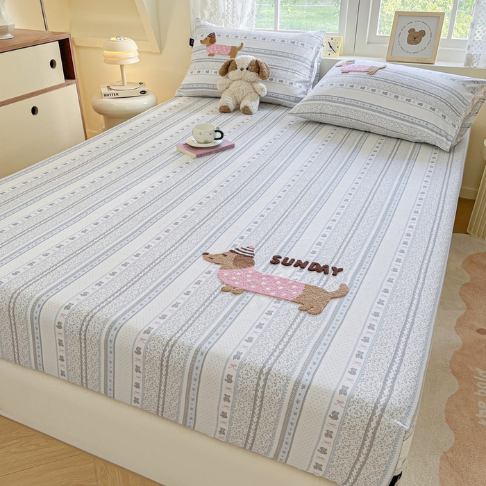 91家纺网 家纺一手货源 找家纺 卡姿家纺 2025秋冬ins小清新印花 — 床笠三件套 小狗琪琪