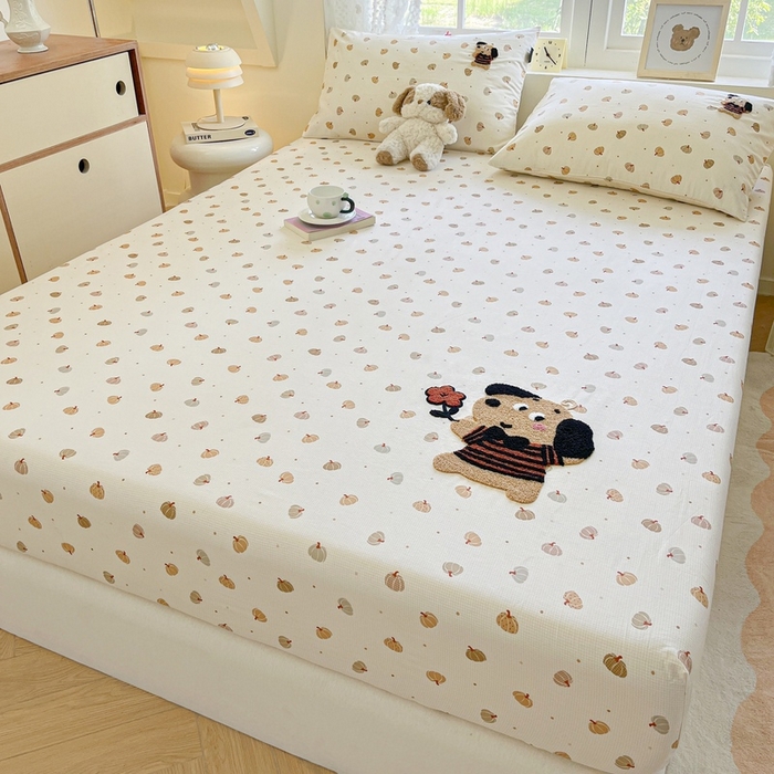 91家纺网 家纺一手货源 找家纺 卡姿家纺 2025秋冬ins小清新印花 — 床笠三件套 小狗南瓜