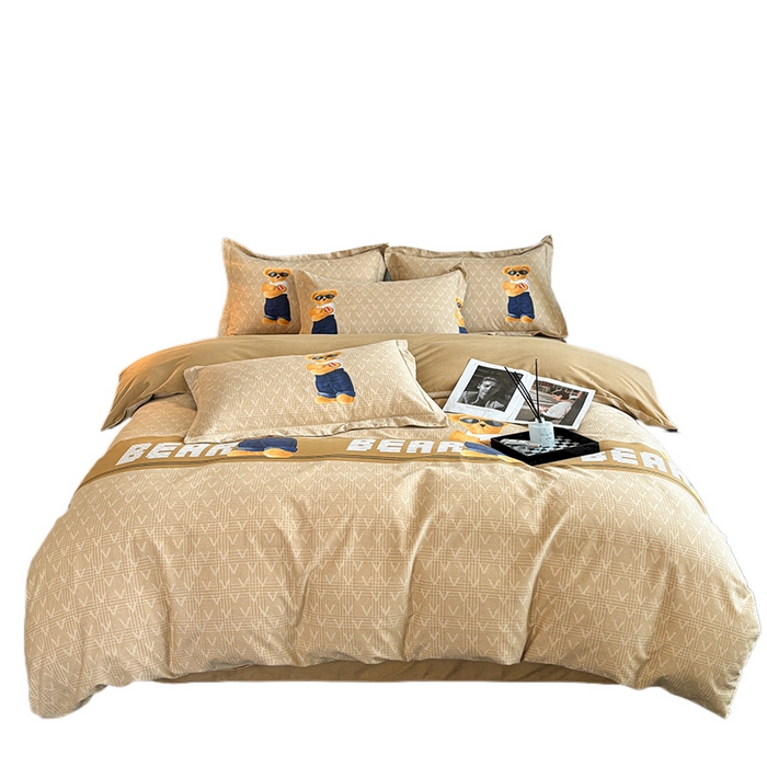 91家纺网 家纺一手货源 找家纺 慕木家纺 2025新款A类高端无印风卡通高克重170克阳光暖绒四件套系列 酷酷熊-咖