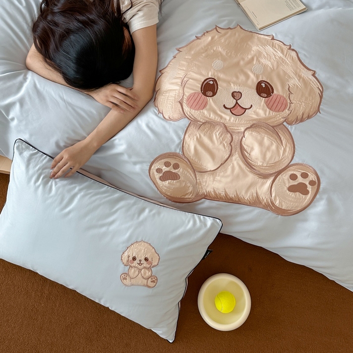 91家纺网 家纺一手货源 找家纺 卡姿家纺 2025秋冬60支长绒棉贴布绣四件套-萌趣多 萌趣多-蓝