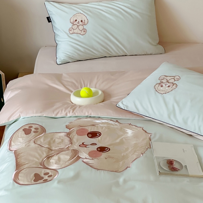 91家纺网 家纺一手货源 找家纺 卡姿家纺 2025秋冬60支长绒棉贴布绣四件套-萌趣多 萌趣多-绿