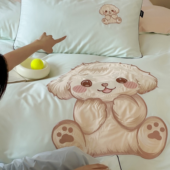 91家纺网 家纺一手货源 找家纺 卡姿家纺 2025秋冬60支长绒棉贴布绣四件套-萌趣多 萌趣多-绿