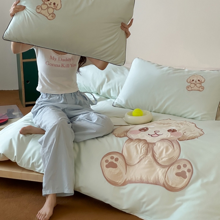 91家纺网 家纺一手货源 找家纺 卡姿家纺 2025秋冬60支长绒棉贴布绣四件套-萌趣多 萌趣多-绿