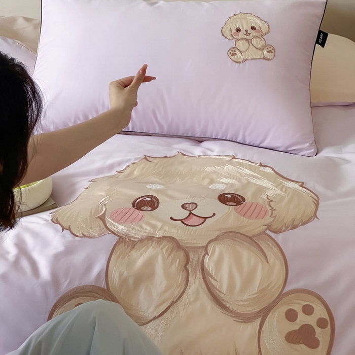 91家纺网 家纺一手货源 找家纺 卡姿家纺 2025秋冬60支长绒棉贴布绣四件套-萌趣多 萌趣多-紫