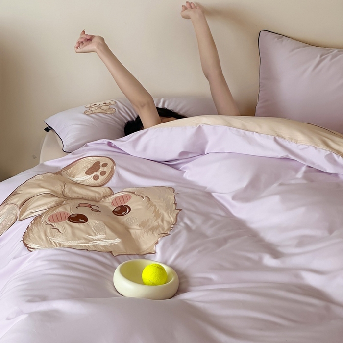 91家纺网 家纺一手货源 找家纺 卡姿家纺 2025秋冬60支长绒棉贴布绣四件套-萌趣多 萌趣多-紫