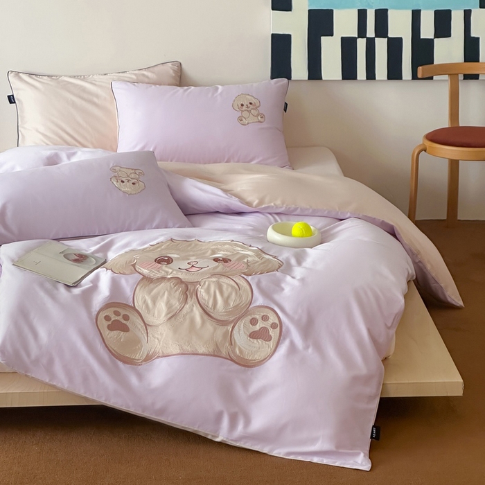 91家纺网 家纺一手货源 找家纺 卡姿家纺 2025秋冬60支长绒棉贴布绣四件套-萌趣多 萌趣多-紫