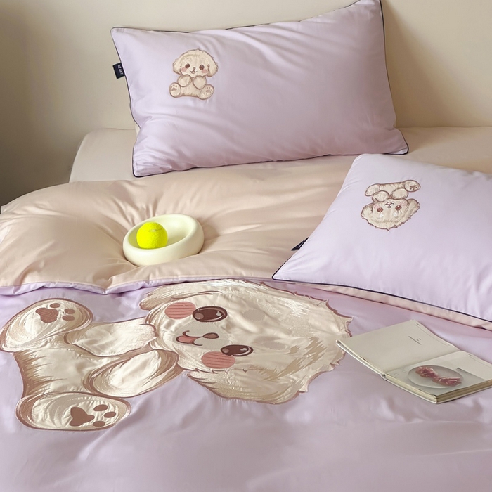 91家纺网 家纺一手货源 找家纺 卡姿家纺 2025秋冬60支长绒棉贴布绣四件套-萌趣多 萌趣多-紫