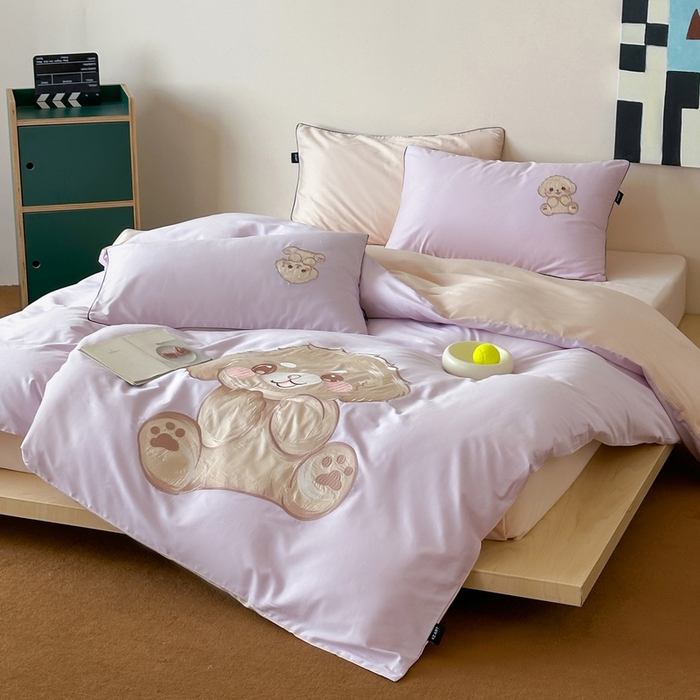 91家纺网 家纺一手货源 找家纺 卡姿家纺 2025秋冬60支长绒棉贴布绣四件套-萌趣多 萌趣多-紫