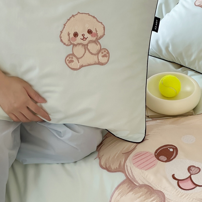 91家纺网 家纺一手货源 找家纺 卡姿家纺 2025秋冬60支长绒棉贴布绣四件套-萌趣多 萌趣多-绿