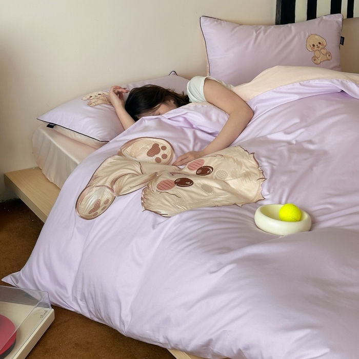 91家纺网 家纺一手货源 找家纺 卡姿家纺 2025秋冬60支长绒棉贴布绣四件套-萌趣多 萌趣多-紫