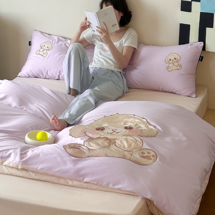 91家纺网 家纺一手货源 找家纺 卡姿家纺 2025秋冬60支长绒棉贴布绣四件套-萌趣多 萌趣多-紫