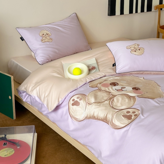 91家纺网 家纺一手货源 找家纺 卡姿家纺 2025秋冬60支长绒棉贴布绣四件套-萌趣多 萌趣多-紫