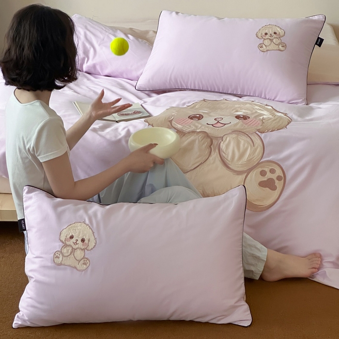 91家纺网 家纺一手货源 找家纺 卡姿家纺 2025秋冬60支长绒棉贴布绣四件套-萌趣多 萌趣多-紫