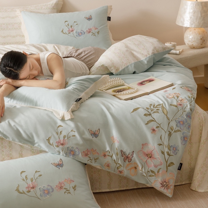 卡姿家纺 2025秋冬小清新绣花+印花四件套-茉莉 茉莉-蓝