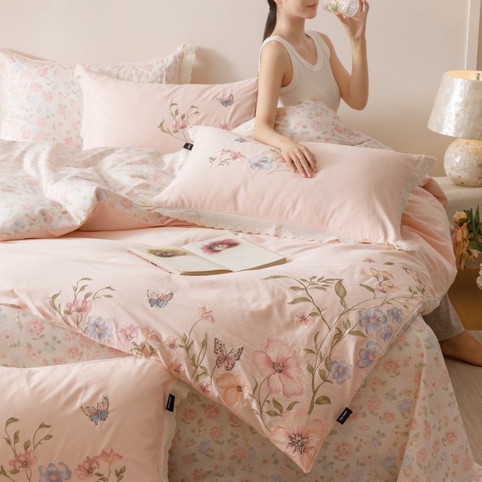 卡姿家纺 2025秋冬小清新绣花+印花四件套-茉莉 茉莉-粉