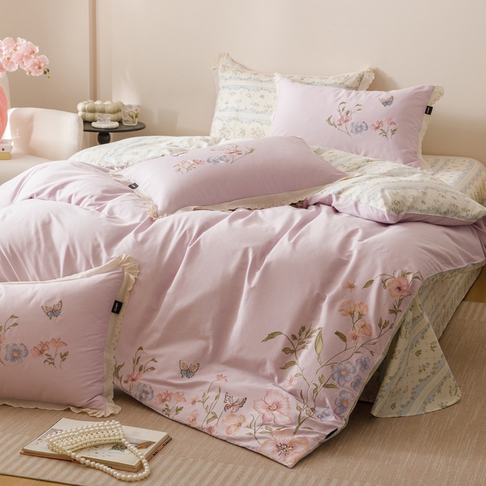 91家纺网 家纺一手货源 找家纺 卡姿家纺 2025秋冬小清新绣花+印花四件套-茉莉 茉莉-紫