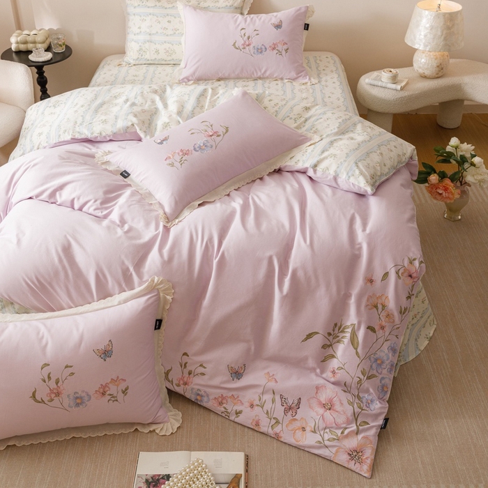 91家纺网 家纺一手货源 找家纺 卡姿家纺 2025秋冬小清新绣花+印花四件套-茉莉 茉莉-紫