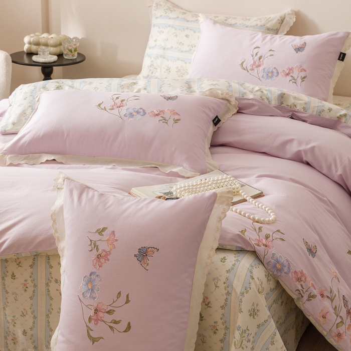 91家纺网 家纺一手货源 找家纺 卡姿家纺 2025秋冬小清新绣花+印花四件套-茉莉 茉莉-紫