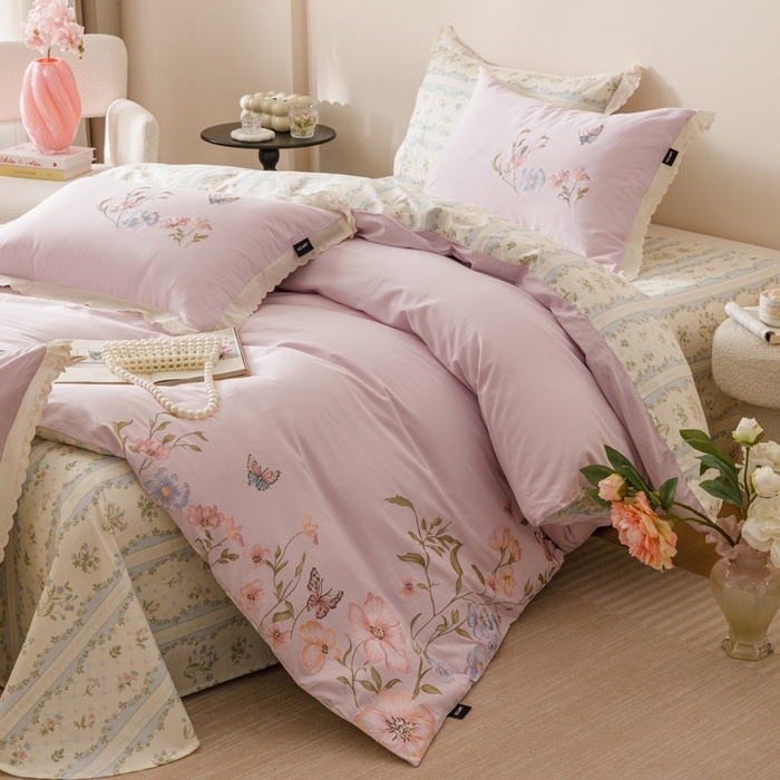 91家纺网 家纺一手货源 找家纺 卡姿家纺 2025秋冬小清新绣花+印花四件套-茉莉 茉莉-紫