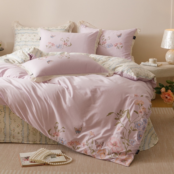 91家纺网 家纺一手货源 找家纺 卡姿家纺 2025秋冬小清新绣花+印花四件套-茉莉 茉莉-紫