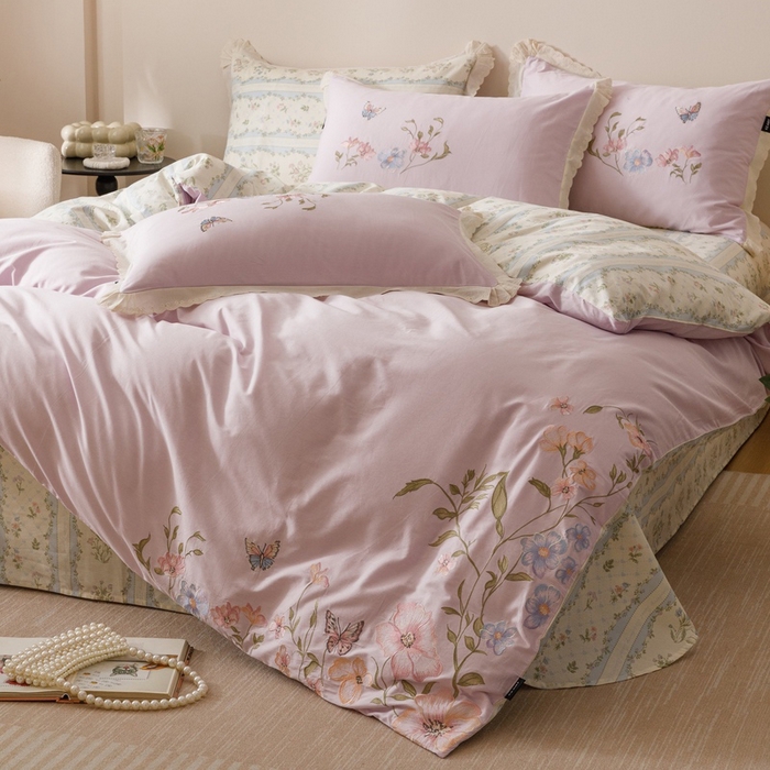 91家纺网 家纺一手货源 找家纺 卡姿家纺 2025秋冬小清新绣花+印花四件套-茉莉 茉莉-紫