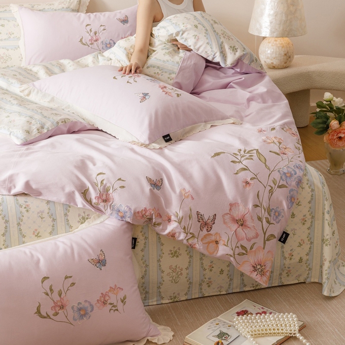 91家纺网 家纺一手货源 找家纺 卡姿家纺 2025秋冬小清新绣花+印花四件套-茉莉 茉莉-紫