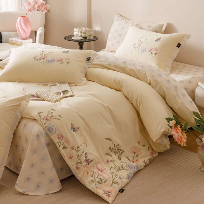 91家纺网 家纺一手货源 找家纺 卡姿家纺 2025秋冬小清新绣花+印花四件套-茉莉 茉莉-芝士黄