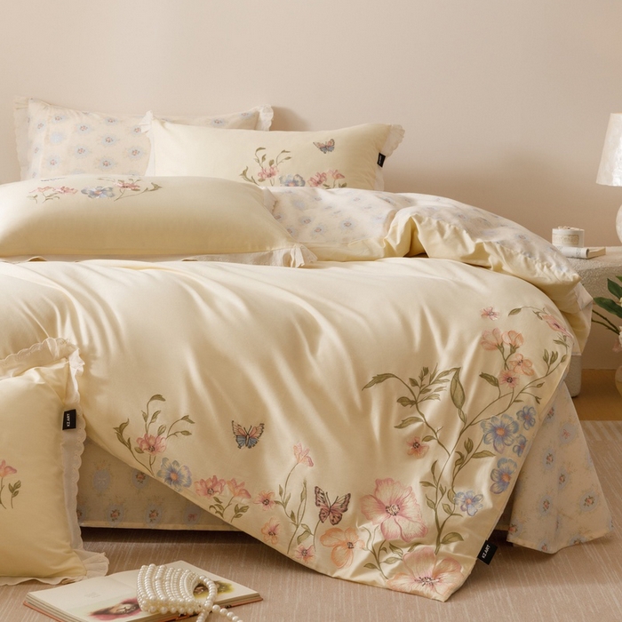 91家纺网 家纺一手货源 找家纺 卡姿家纺 2025秋冬小清新绣花+印花四件套-茉莉 茉莉-芝士黄