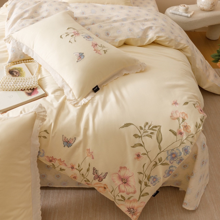 91家纺网 家纺一手货源 找家纺 卡姿家纺 2025秋冬小清新绣花+印花四件套-茉莉 茉莉-芝士黄