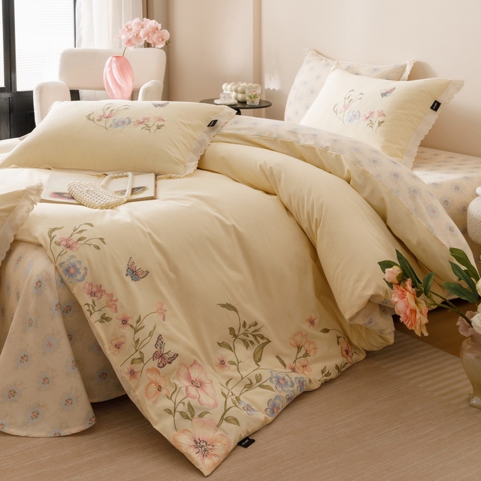 91家纺网 家纺一手货源 找家纺 卡姿家纺 2025秋冬小清新绣花+印花四件套-茉莉 茉莉-芝士黄