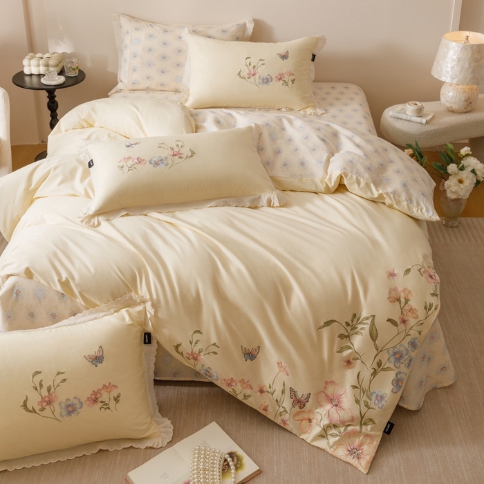 91家纺网 家纺一手货源 找家纺 卡姿家纺 2025秋冬小清新绣花+印花四件套-茉莉 茉莉-芝士黄