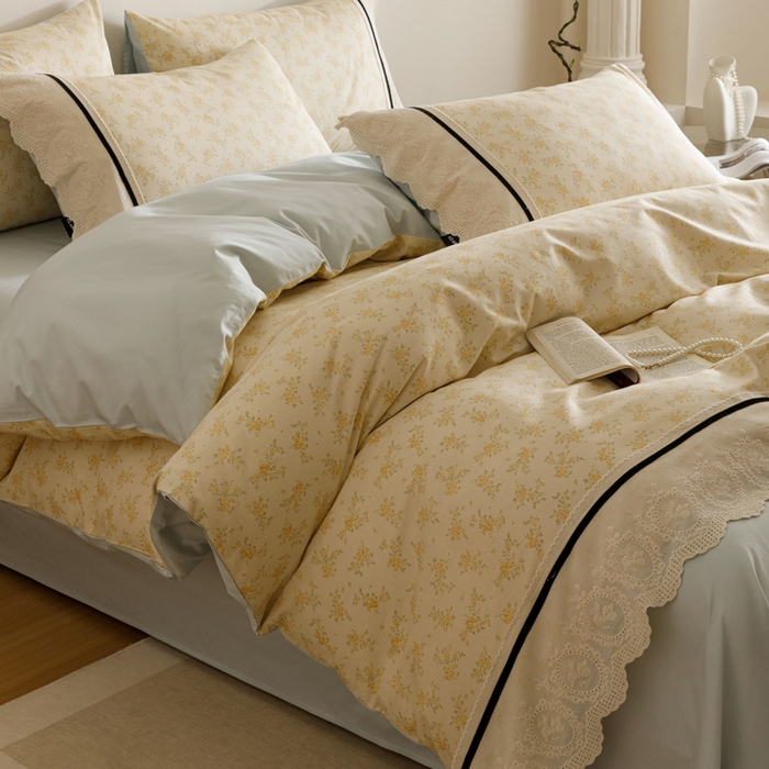 91家纺网 家纺一手货源 找家纺 卡姿家纺 2025新款小法式镂空棉布花边款四件套 幸福铃兰