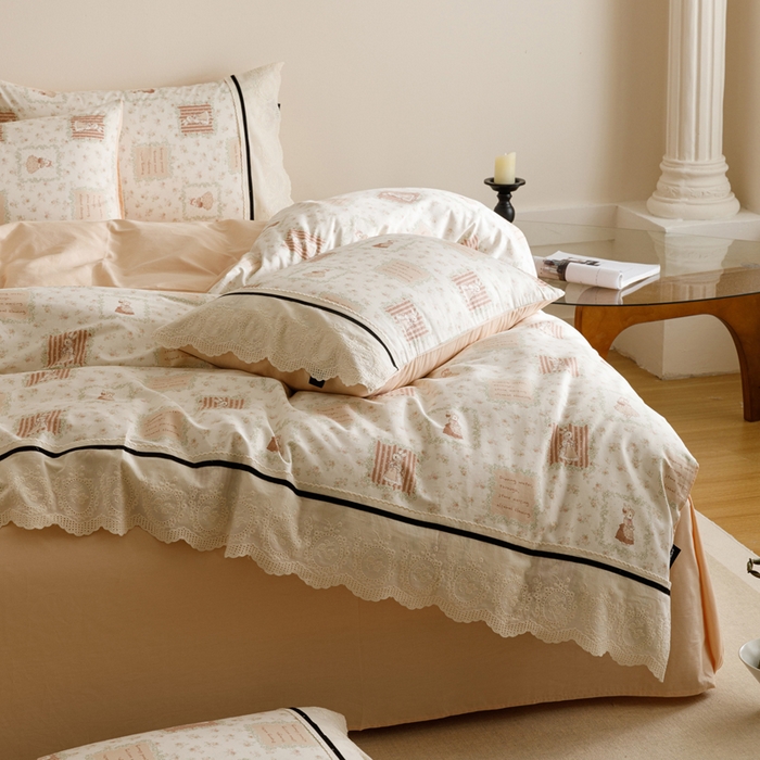 91家纺网 家纺一手货源 找家纺 卡姿家纺 2025新款小法式镂空棉布花边款四件套 兔公主