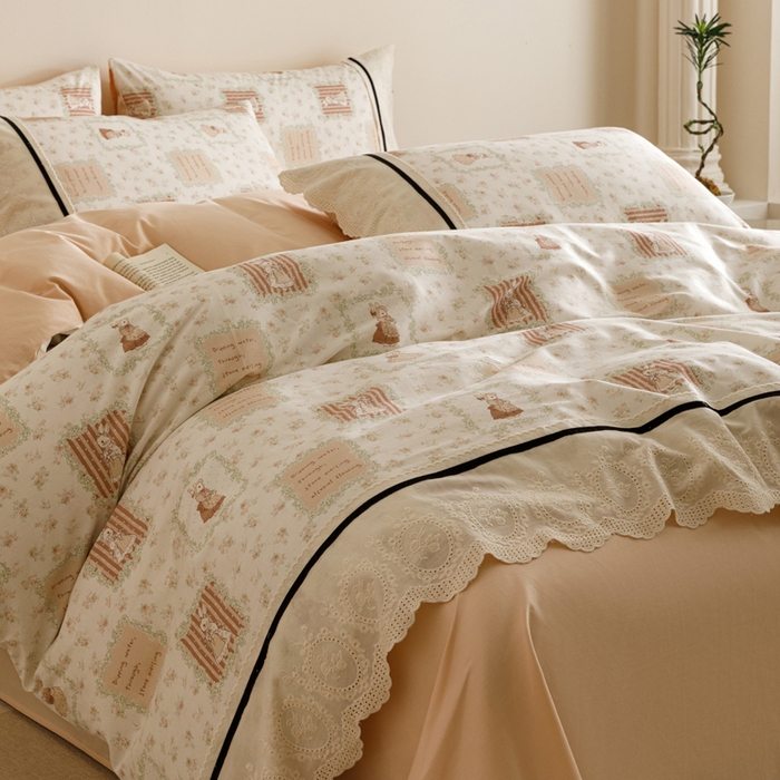 91家纺网 家纺一手货源 找家纺 卡姿家纺 2025新款小法式镂空棉布花边款四件套 兔公主