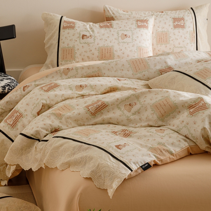 91家纺网 家纺一手货源 找家纺 卡姿家纺 2025新款小法式镂空棉布花边款四件套 兔公主