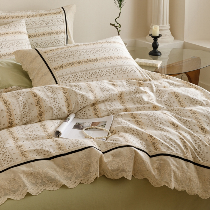 91家纺网 家纺一手货源 找家纺 卡姿家纺 2025新款小法式镂空棉布花边款四件套 暖语玫瑰