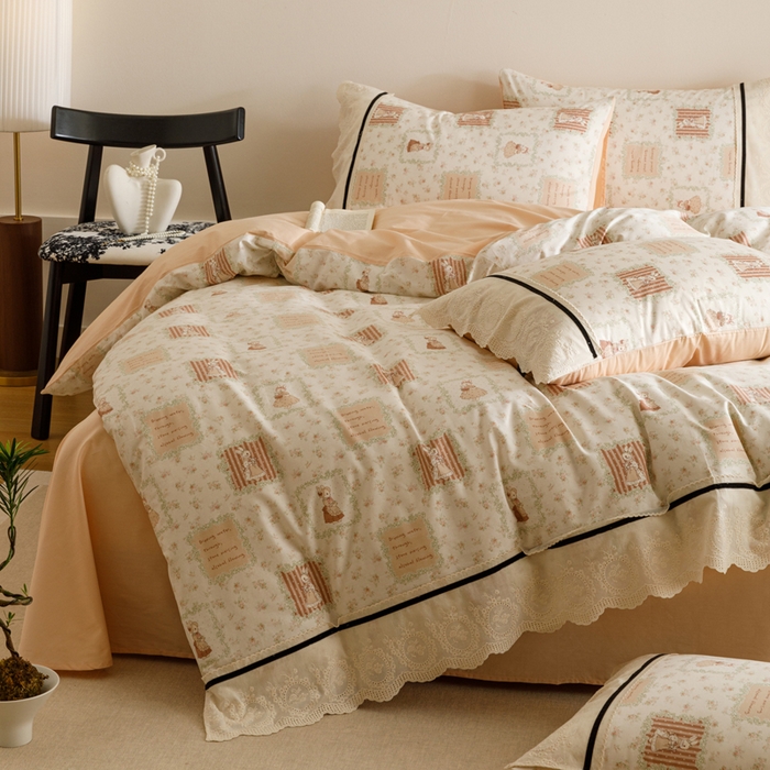 91家纺网 家纺一手货源 找家纺 卡姿家纺 2025新款小法式镂空棉布花边款四件套 兔公主