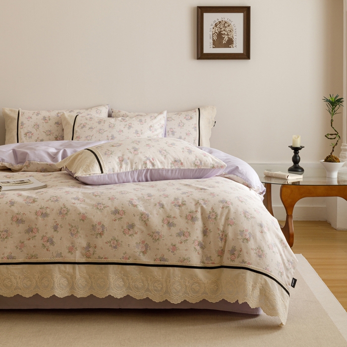 91家纺网 家纺一手货源 找家纺 卡姿家纺 2025新款小法式镂空棉布花边款四件套 心之向往