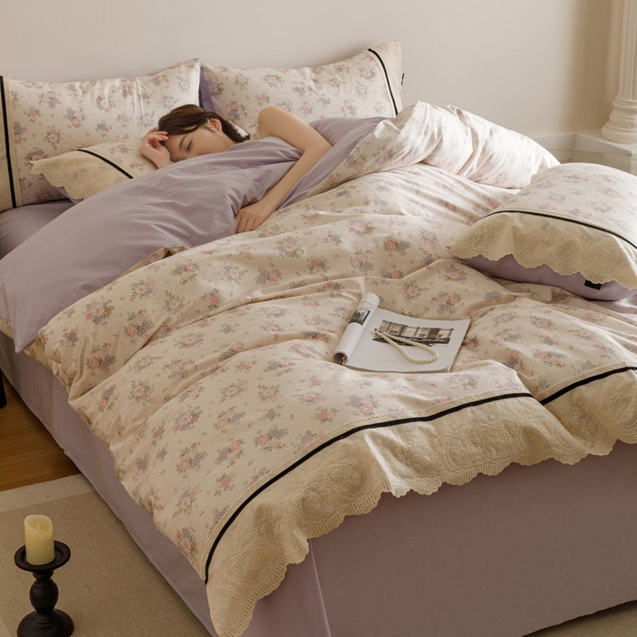 91家纺网 家纺一手货源 找家纺 卡姿家纺 2025新款小法式镂空棉布花边款四件套 心之向往