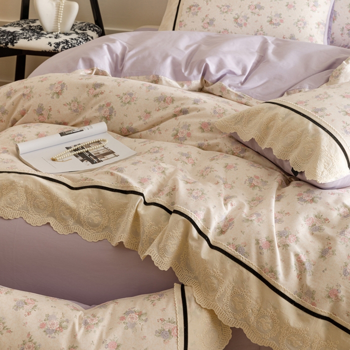 91家纺网 家纺一手货源 找家纺 卡姿家纺 2025新款小法式镂空棉布花边款四件套 心之向往