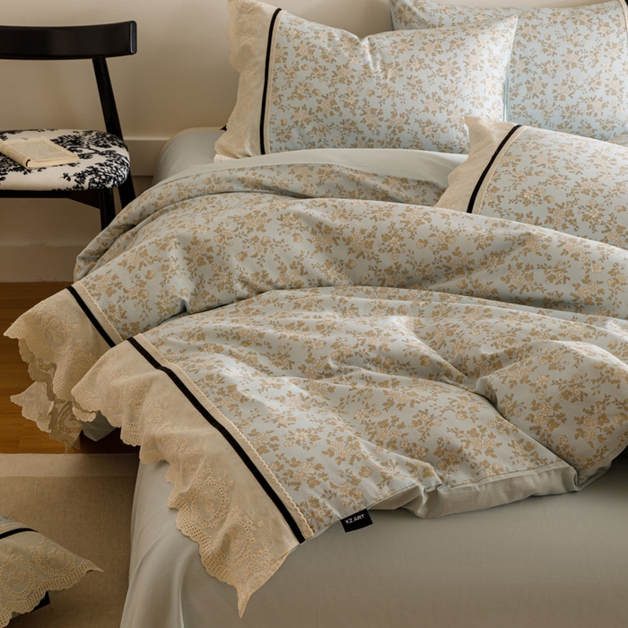 91家纺网 家纺一手货源 找家纺 卡姿家纺 2025新款小法式镂空棉布花边款四件套 春染斜阳