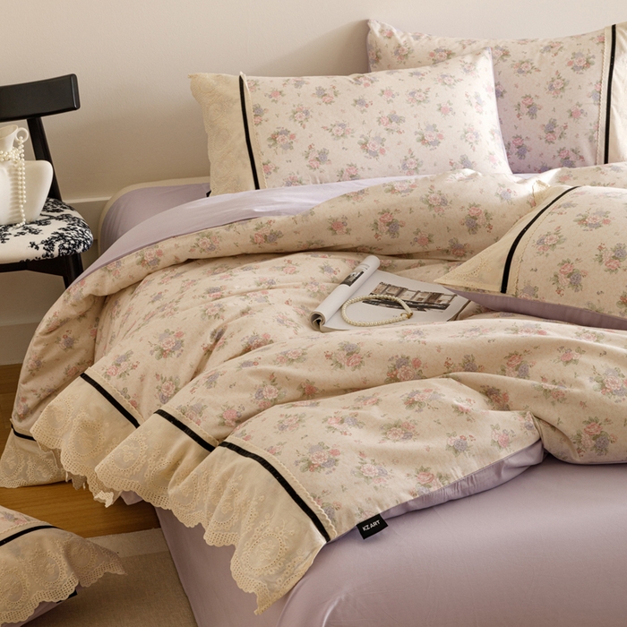 91家纺网 家纺一手货源 找家纺 卡姿家纺 2025新款小法式镂空棉布花边款四件套 心之向往