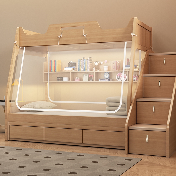 91家纺网 家纺一手货源 找家纺 无瑕家居 2025新款子母床简约蚊帐坐床全底拉链床白色帐纱款透明全底蚊帐书架款蚊帐 全包底简约子母床蚊帐-网纱顶