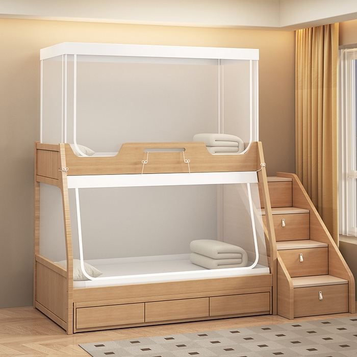 91家纺网 家纺一手货源 找家纺 无瑕家居 2025新款子母床简约蚊帐坐床全底拉链床白色帐纱款透明全底蚊帐书架款蚊帐 全包底简约子母床蚊帐-防尘顶