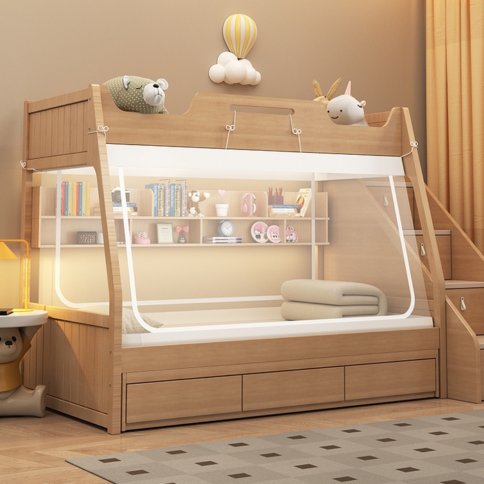 91家纺网 家纺一手货源 找家纺 无瑕家居 2025新款子母床简约蚊帐坐床全底拉链床白色帐纱款透明全底蚊帐书架款蚊帐 全包底简约子母床蚊帐-防尘顶