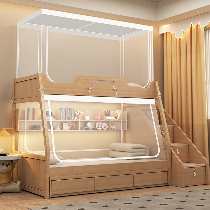 91家纺网 家纺一手货源 找家纺 无瑕家居 2025新款子母床简约蚊帐坐床全底拉链床白色帐纱款透明全底蚊帐书架款蚊帐 全包底简约子母床蚊帐-防尘顶