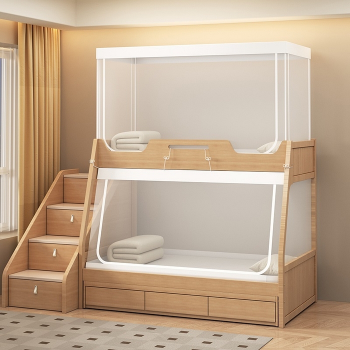 91家纺网 家纺一手货源 找家纺 无瑕家居 2025新款子母床简约蚊帐坐床全底拉链床白色帐纱款透明全底蚊帐书架款蚊帐 全包底简约子母床蚊帐-防尘顶