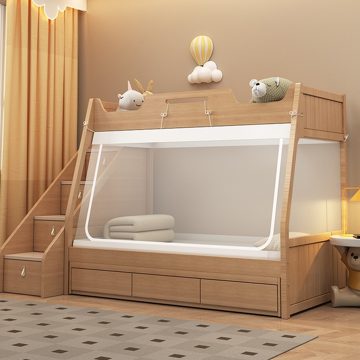 91家纺网 家纺一手货源 找家纺 无瑕家居 2025新款子母床简约蚊帐坐床全底拉链床白色帐纱款透明全底蚊帐书架款蚊帐 全包底简约子母床蚊帐-防尘顶